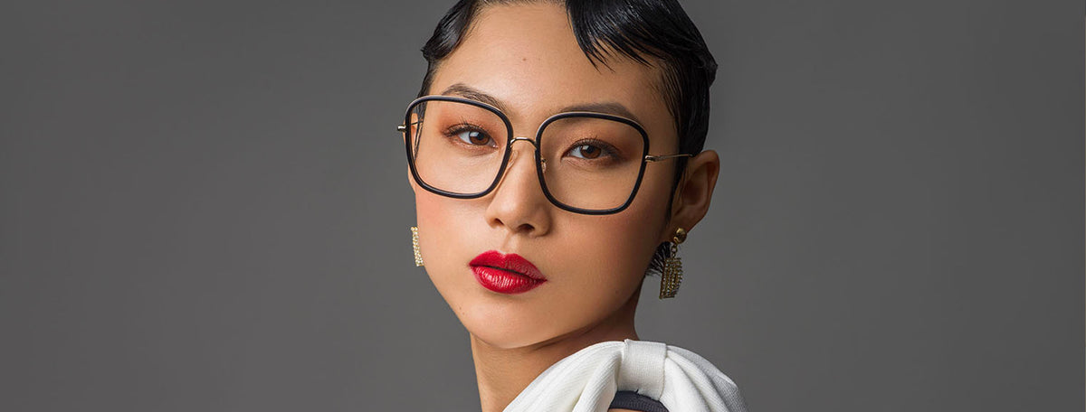 woman wearing vint and york oversized square beatrice metal and acetate glasses frames